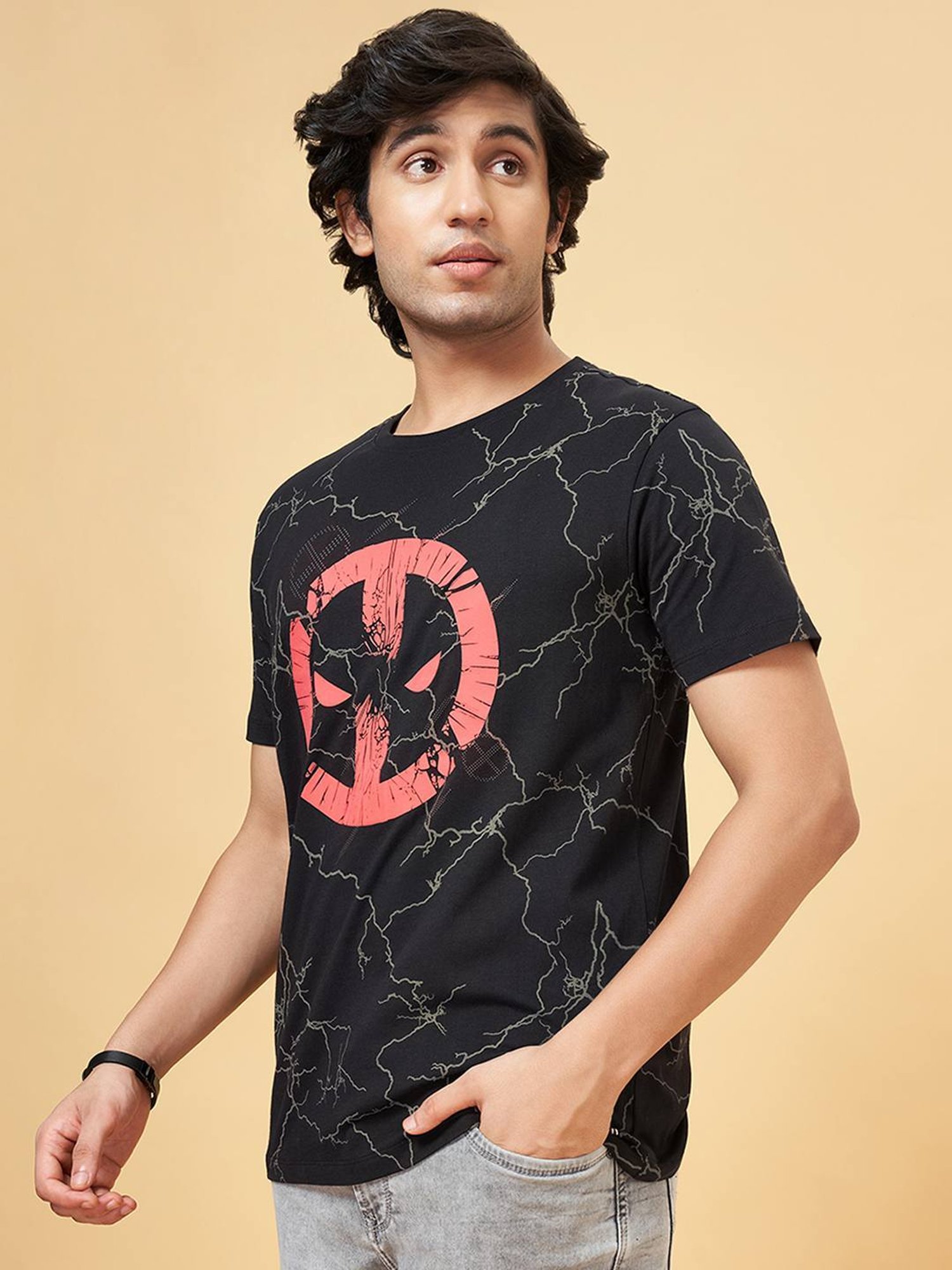 Sf Jeans By Pantaloons Black Cotton Slim Fit Printed T-Shirt