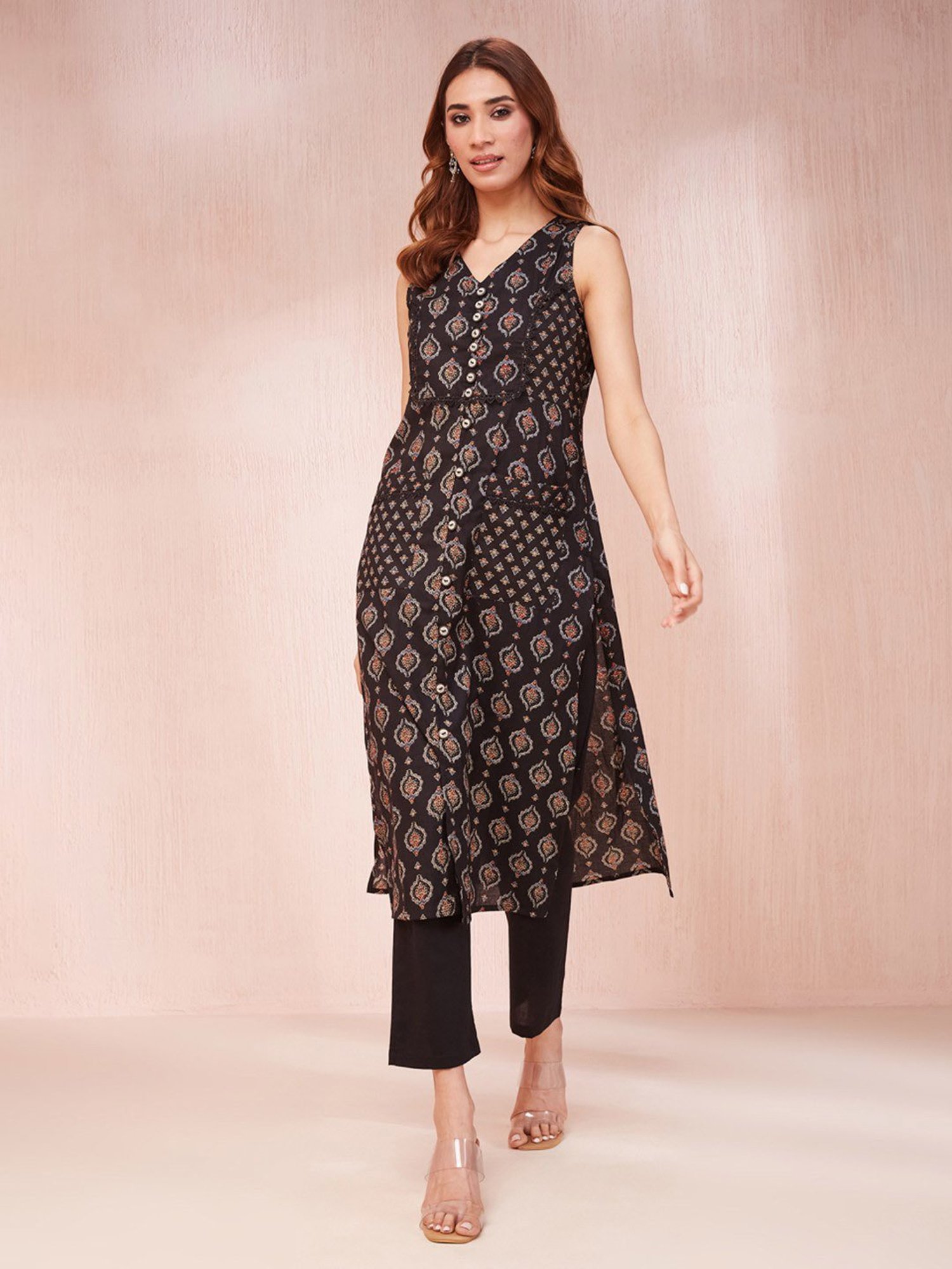 Yufta Black Cotton Printed Straight Kurta