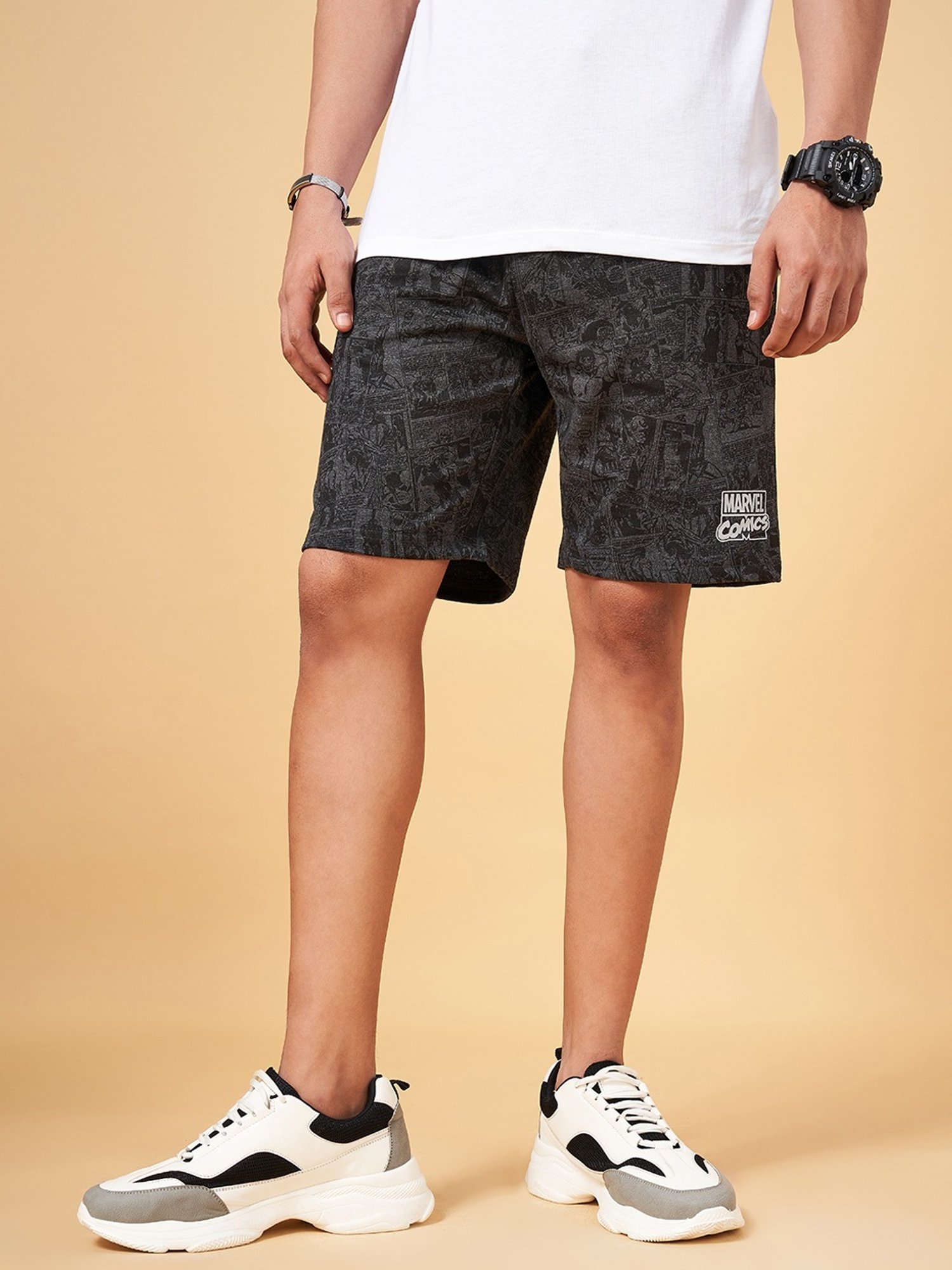 SF Jeans by Pantaloons Charcoal Cotton Slim Fit Printed Shorts