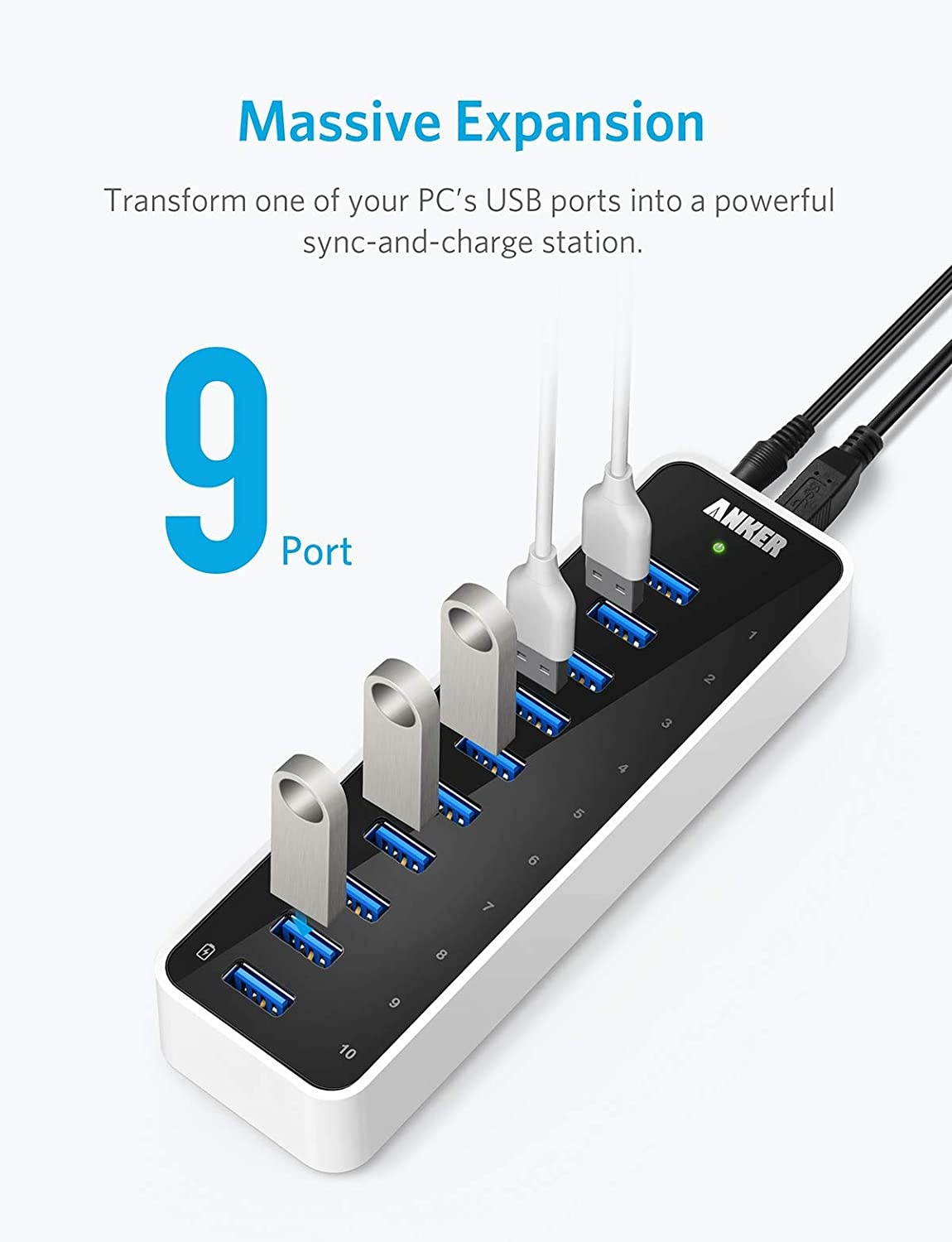 [Upgraded Version] Anker USB 3.0 SuperSpeed 10-Port Hub Including a BC 1.2 Charging Port with 60W (12V / 5A) Power Adapter [VIA VL812-B2 Chipset and Updated Firmware 9081] AH231
