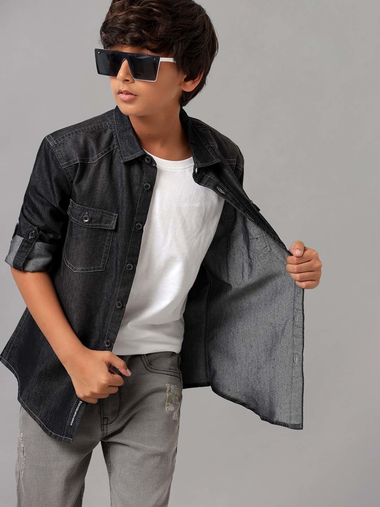 Under Fourteen Only Kids Black Cotton Printed Full Sleeves Shirt