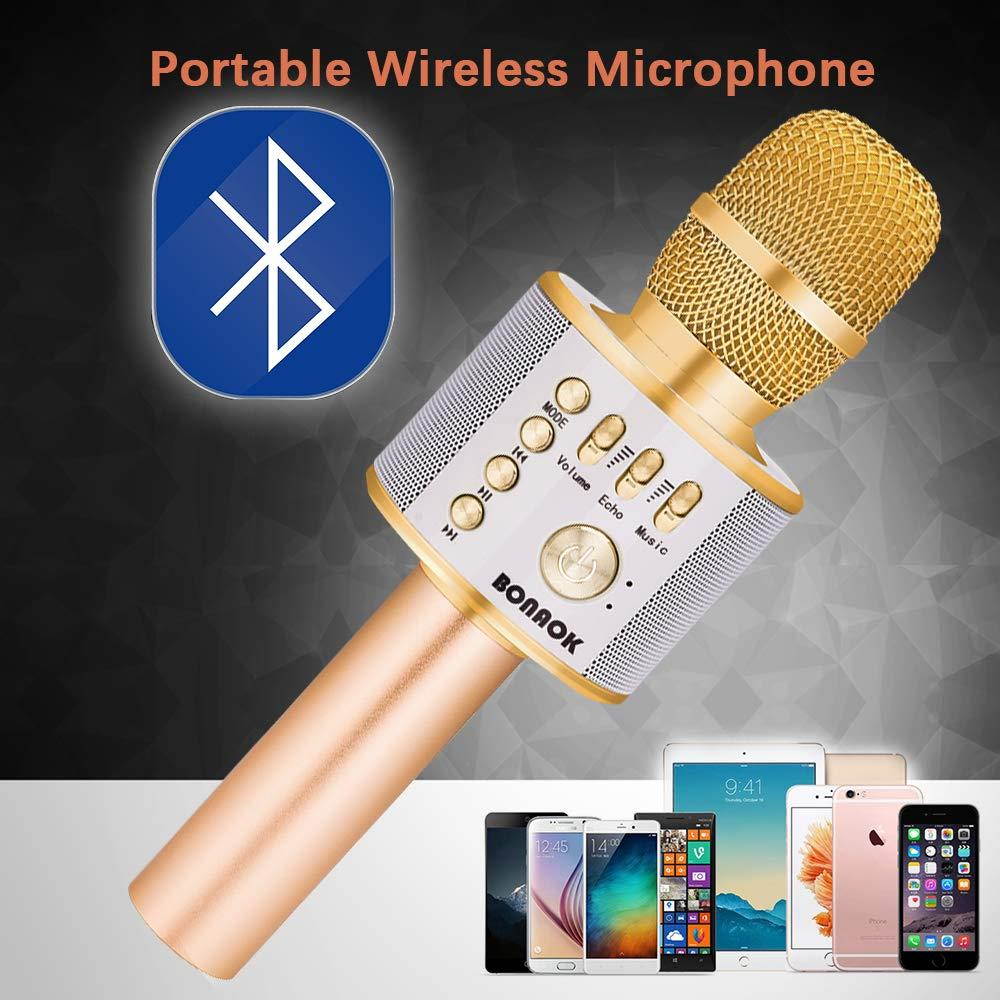 BONAOK Wireless Bluetooth Karaoke Microphone,3-in-1 Portable Handheld karaoke Mic Easter Gift Home Party Birthday Speaker Machine for iPhone/Android/iPad/Sony, PC and All Smartphone(Gold)