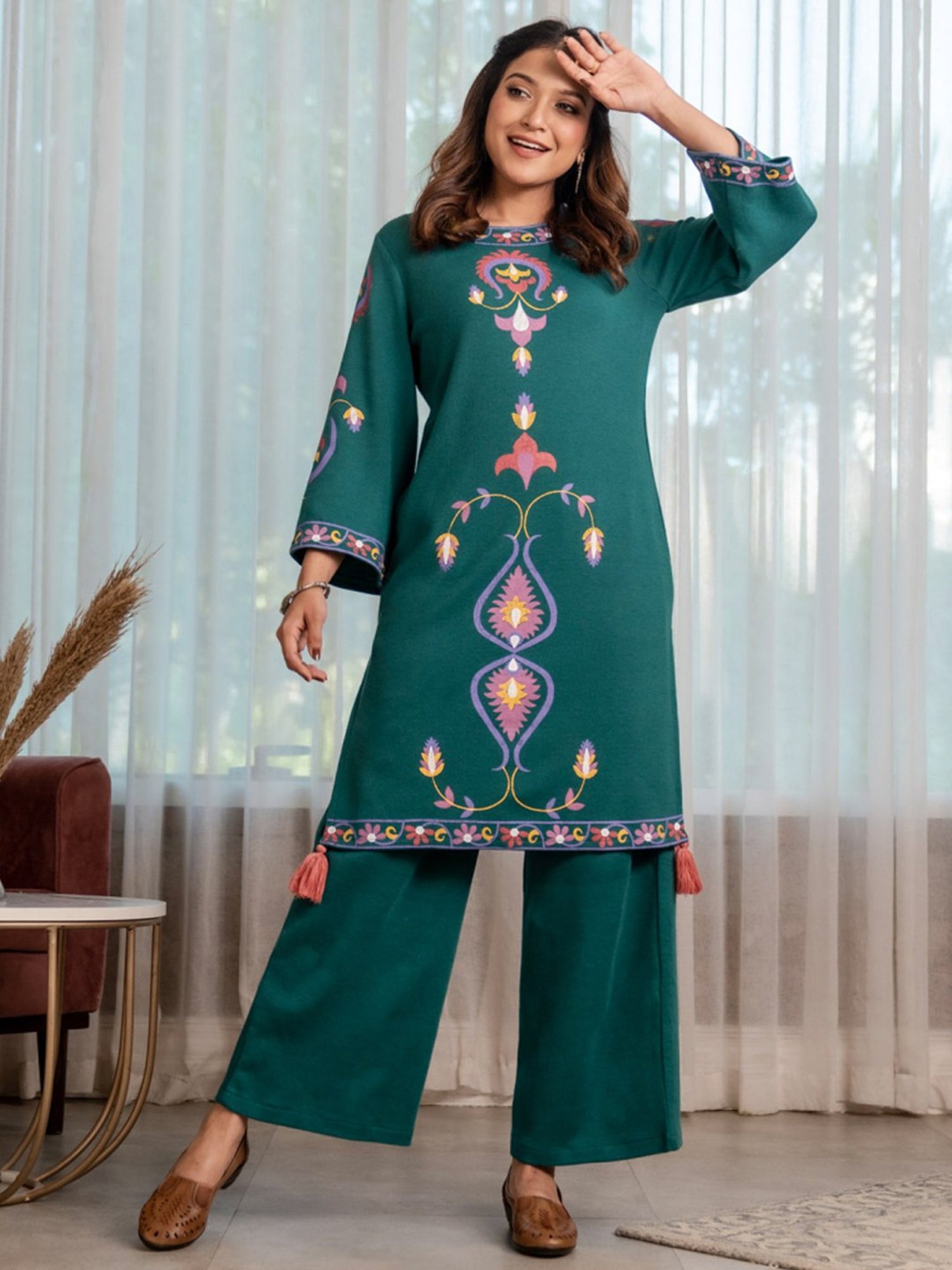 Rustorange Green Printed Straight Kurta