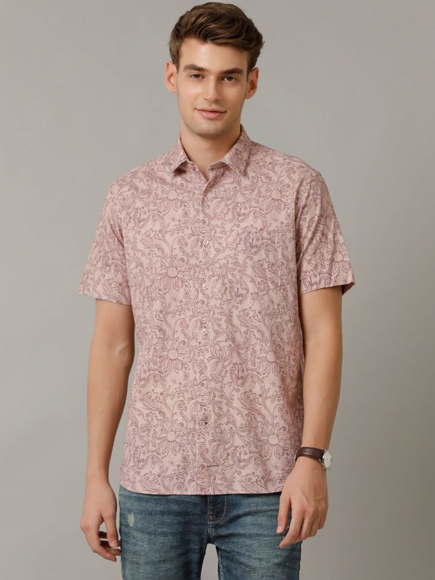 Cavallo By Linen Club Peach Linen Contemporary Fit Printed Shirt
