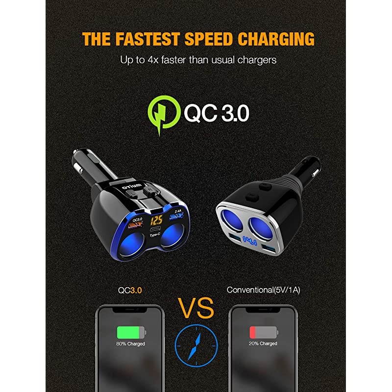 Car Charger  150W 2Socket Cigarette Lighter Splitter QC 30 Dual USB Ports 1 USB C Fast Car Adapter with Separate Switch LED Voltmeter Replaceable 15A Fuse Compatible GPSDash CamiPhone11iPad