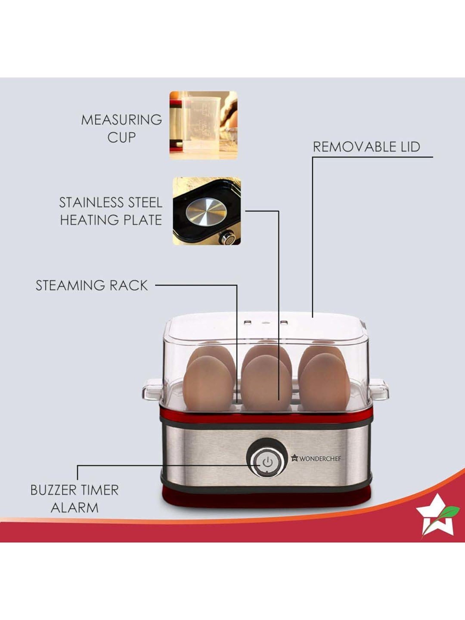 Wonderchef Crimson Edge Instant Electric Egg Boiler with 6 Egg Poachers (Silver & Red)