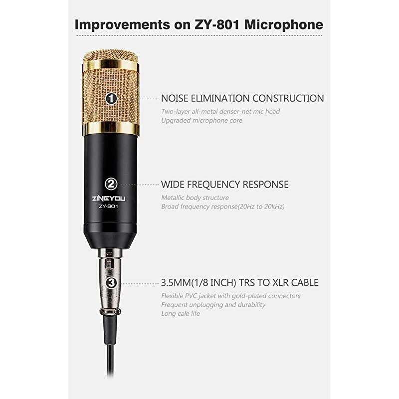 Desktop Microphone Set ZY-801+ Condenser Microphone Professional Studio Cardioid PC Mic Bundle for Studio Recording and Broadcasting (Sunrise Gold)