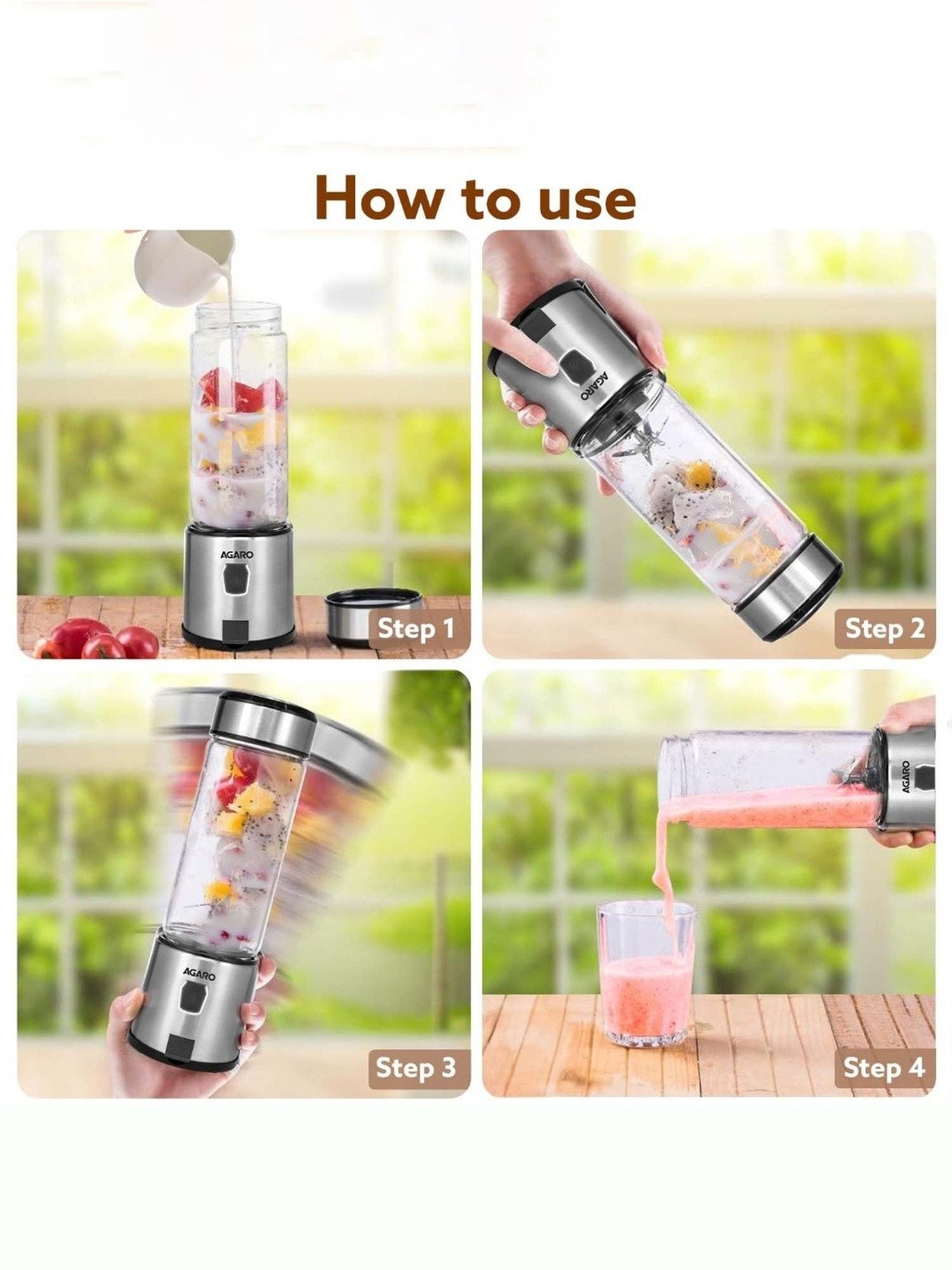 Agaro Portable Hand Blender 126W, 480ml with 3000 mAh Battery & USB Rechargeable (Black)