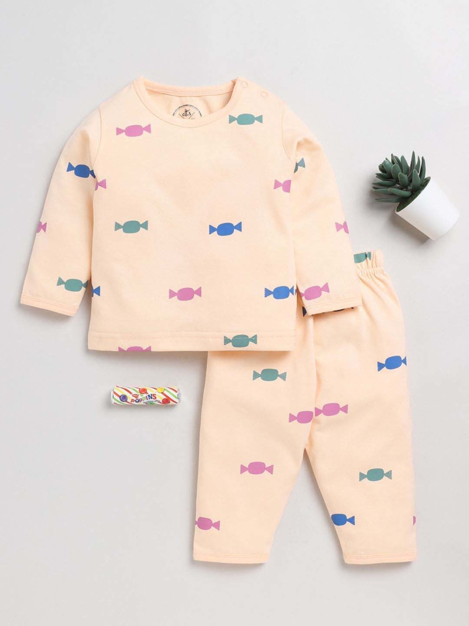 Clt.s Boys Peach Cotton Printed Full Sleeves Top Set