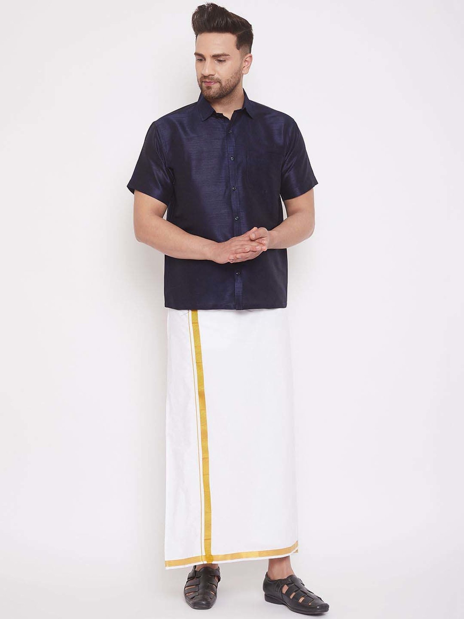 Vastramay Navy & White Regular Fit Ethnic Shirt With Mundu