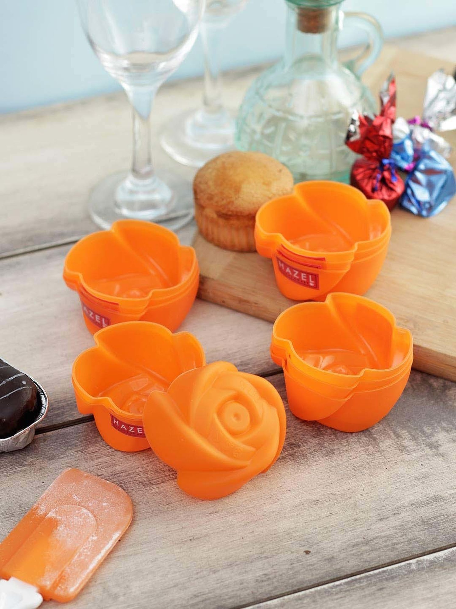 HAZEL Orange Silicone Rose Shape Muffin Mould (0.05 L) - Set of 6
