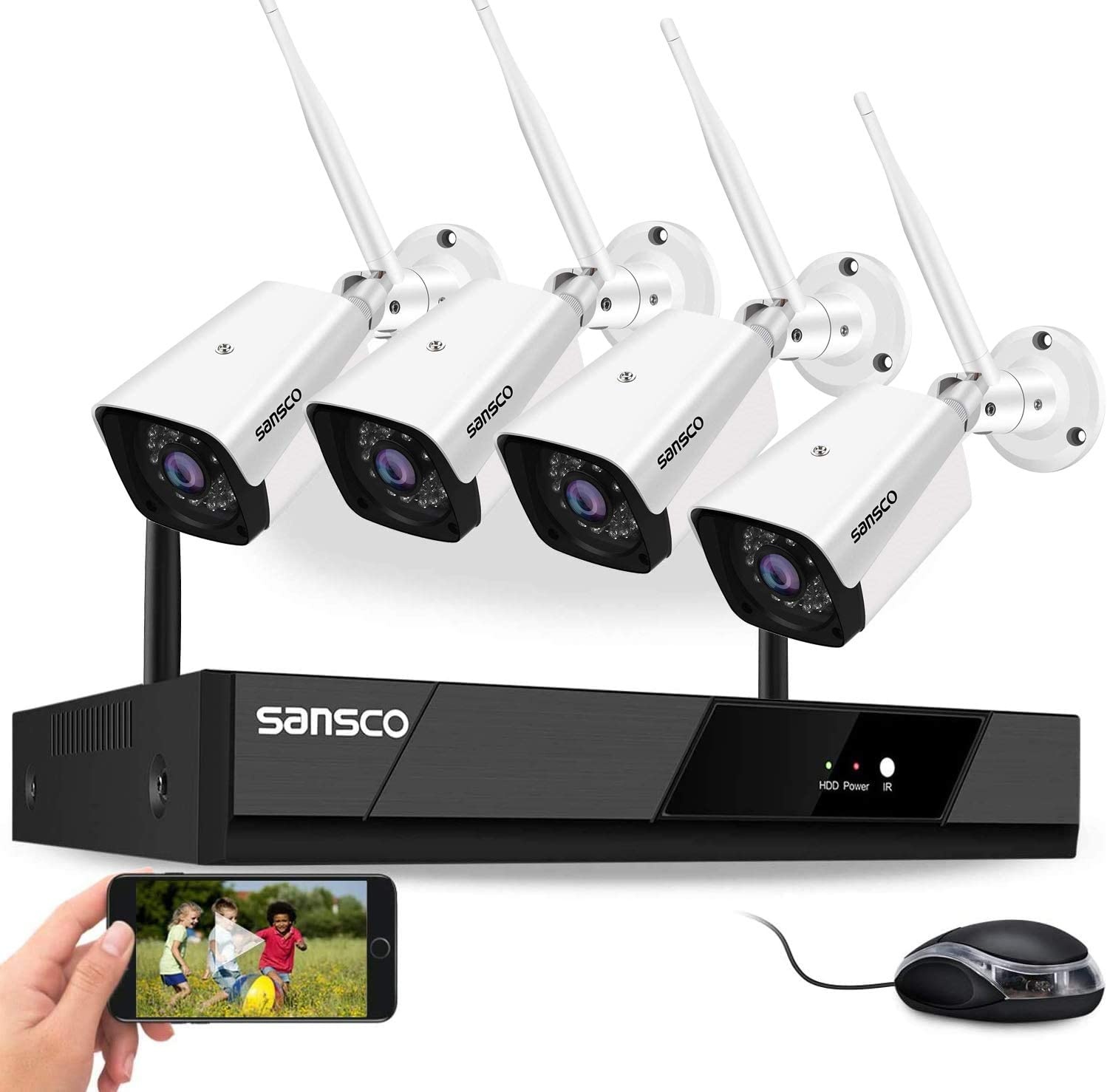 [Expandable, Audio] SANSCO 1080P Wireless Security Camera System, 8CH DVR 4Pcs 2MP HD CCTV WiFi Outdoor/Indoor Waterproof Camera with Mic, Night Vision, Motion Alert, Remote Access, No Hard Disk