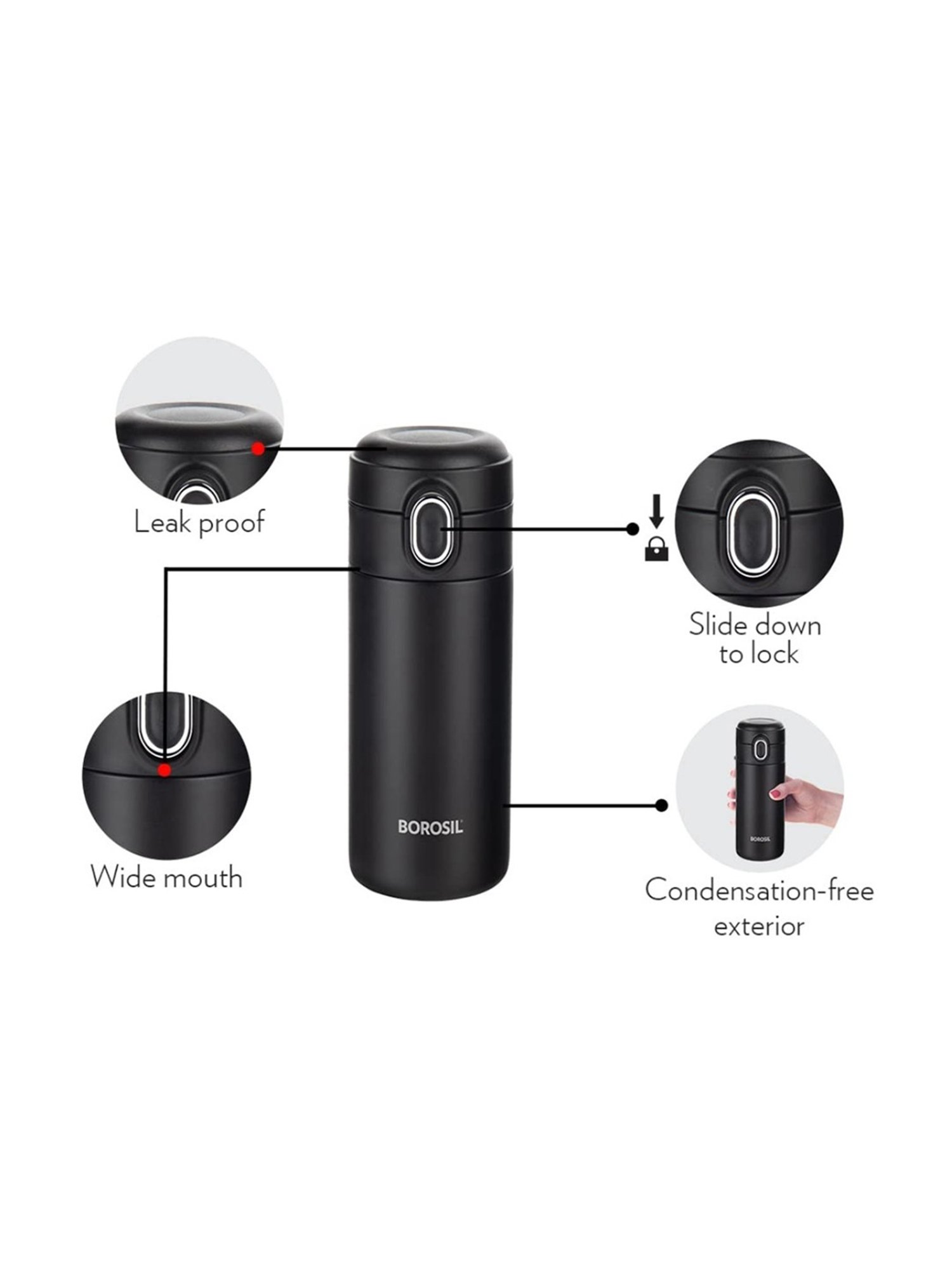 Borosil Black Stainless Steel Double Wall Vaccum Insulated Water Bottles (300ml)