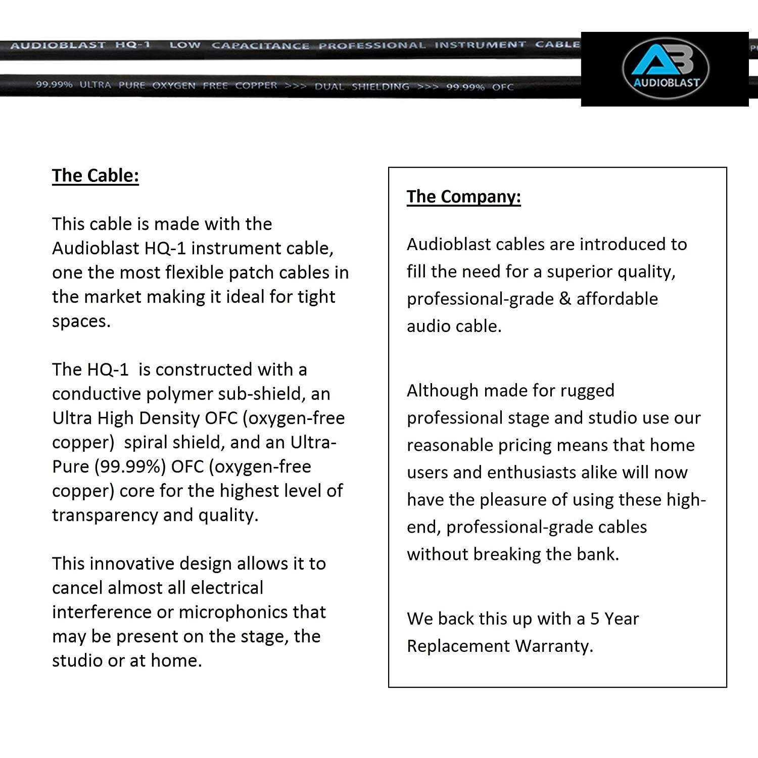 6 Units - 5 Foot - Audioblast - HQ-1 - Ultra Flexible - Dual Shielded (100%) - Instrument Effects Pedal Patch Cable w/Low-Profile, R/A Gold Pancake TS (6.35mm) Plugs & Dual Staggered Boots