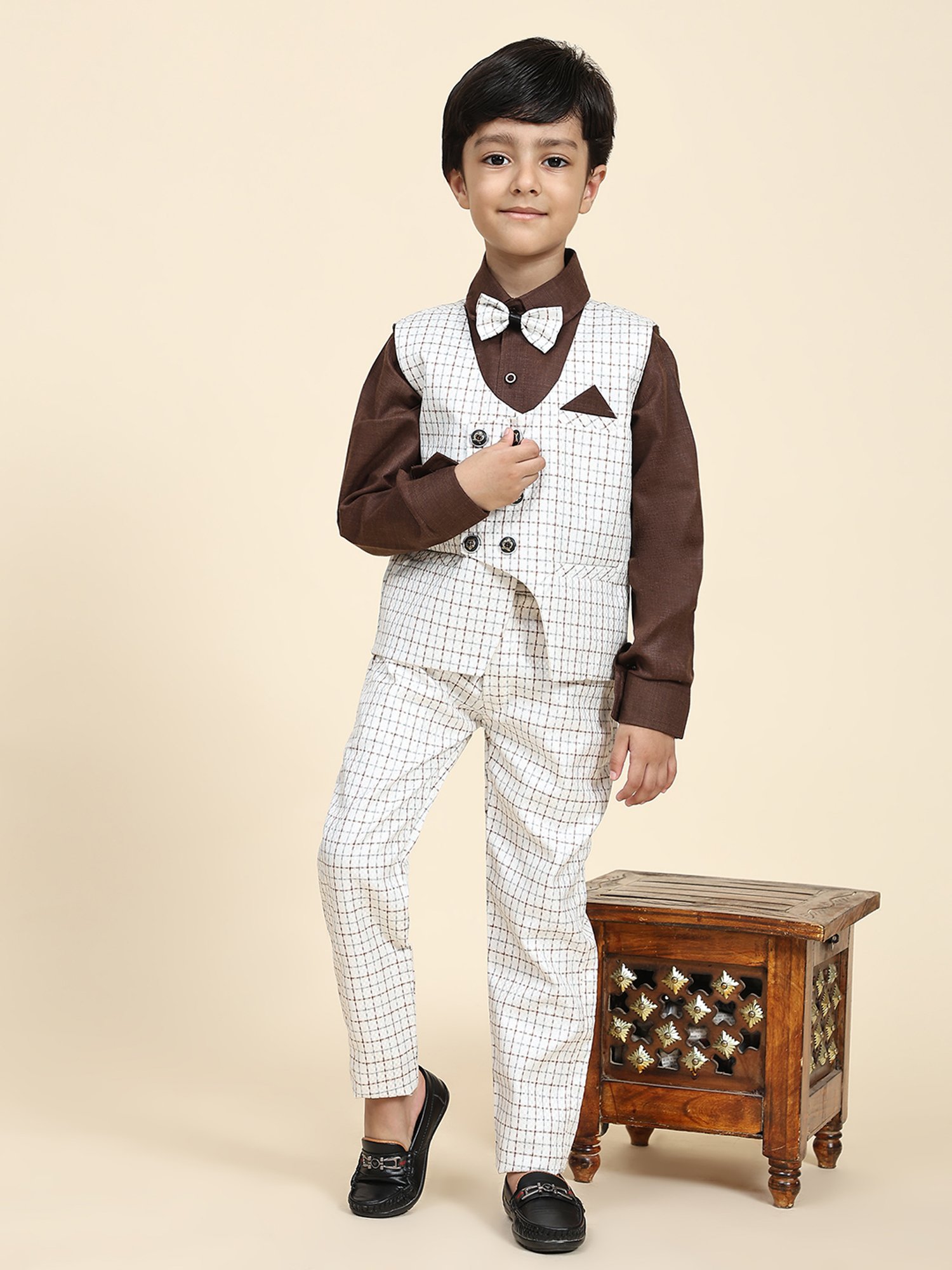 Pro-Ethic Style Developer Kids Brown & White Checks Full Sleeves Shirt, Waistcoat, Pants with Bow