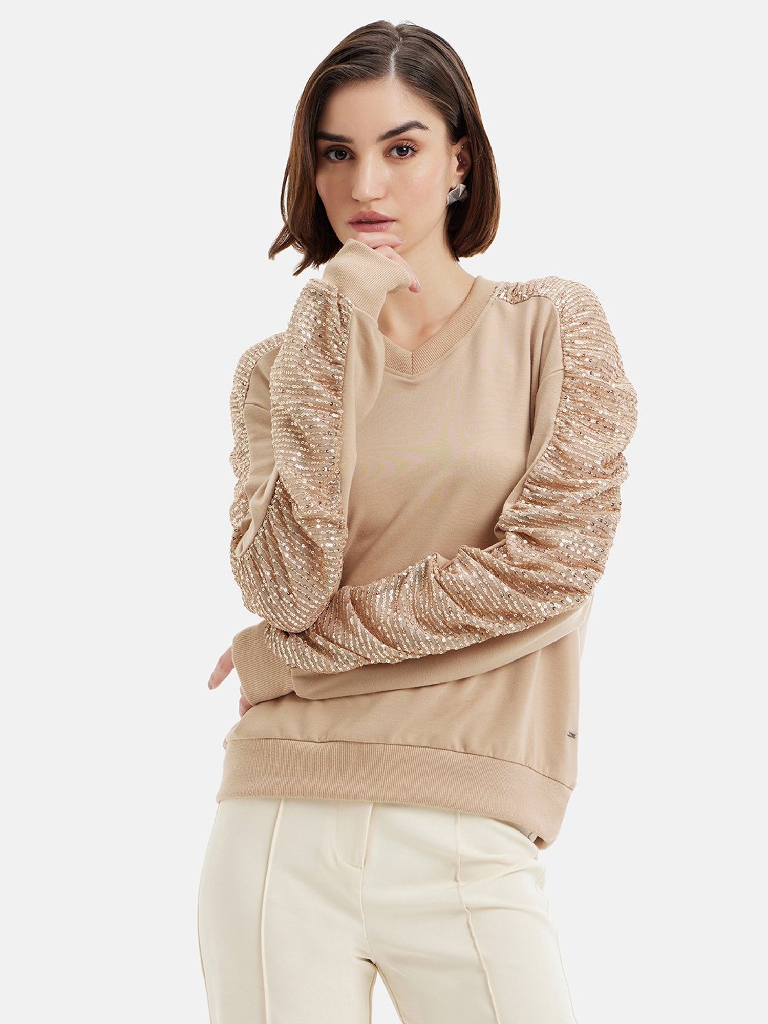 Kazo Beige Embellished Sweatshirt