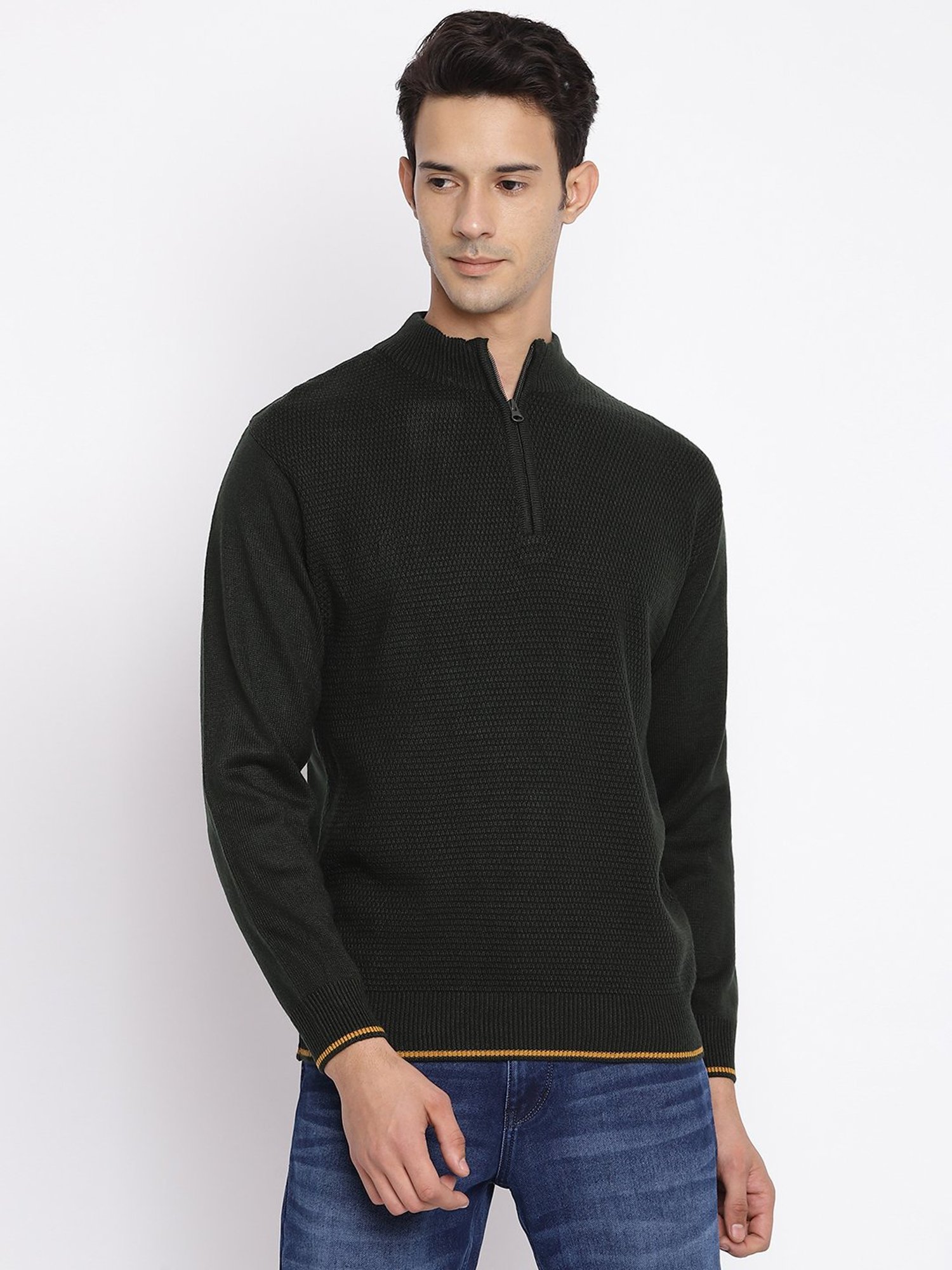 Cantabil Dark Olive Regular Fit Self Design Sweater