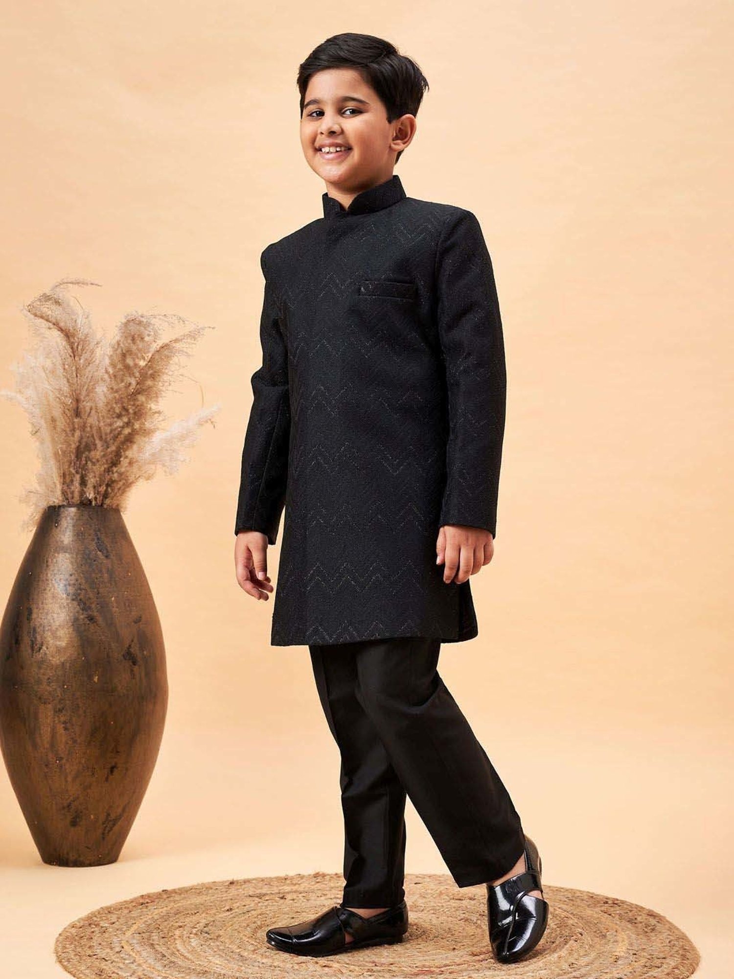 AJ Dezines Kids Black Embellished Full Sleeves Sherwani with Pants