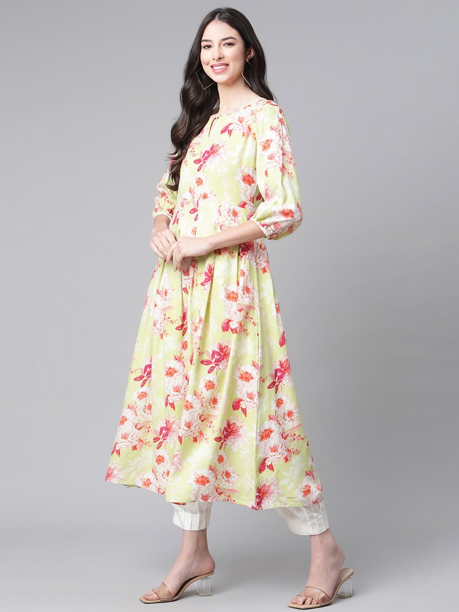 Indibelle Lime Green Floral Print A Line Kurta