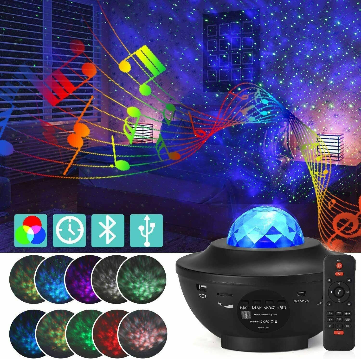 US LED Starry Night Sky Projector Lamp Ocean Wave Star Light Room Romantic Decor
