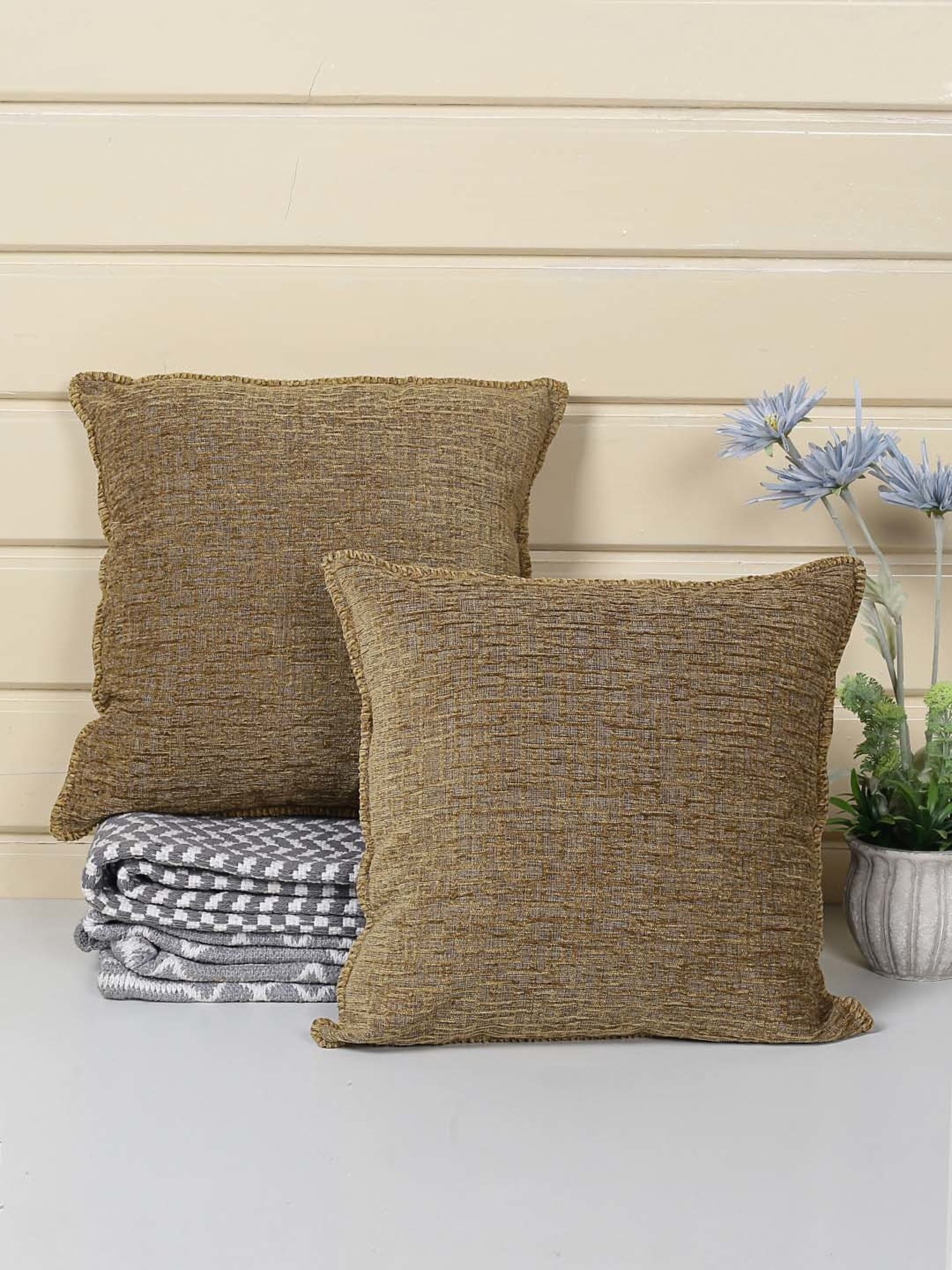 Saral Home Golden Chenille Cushion Covers - Set of 2