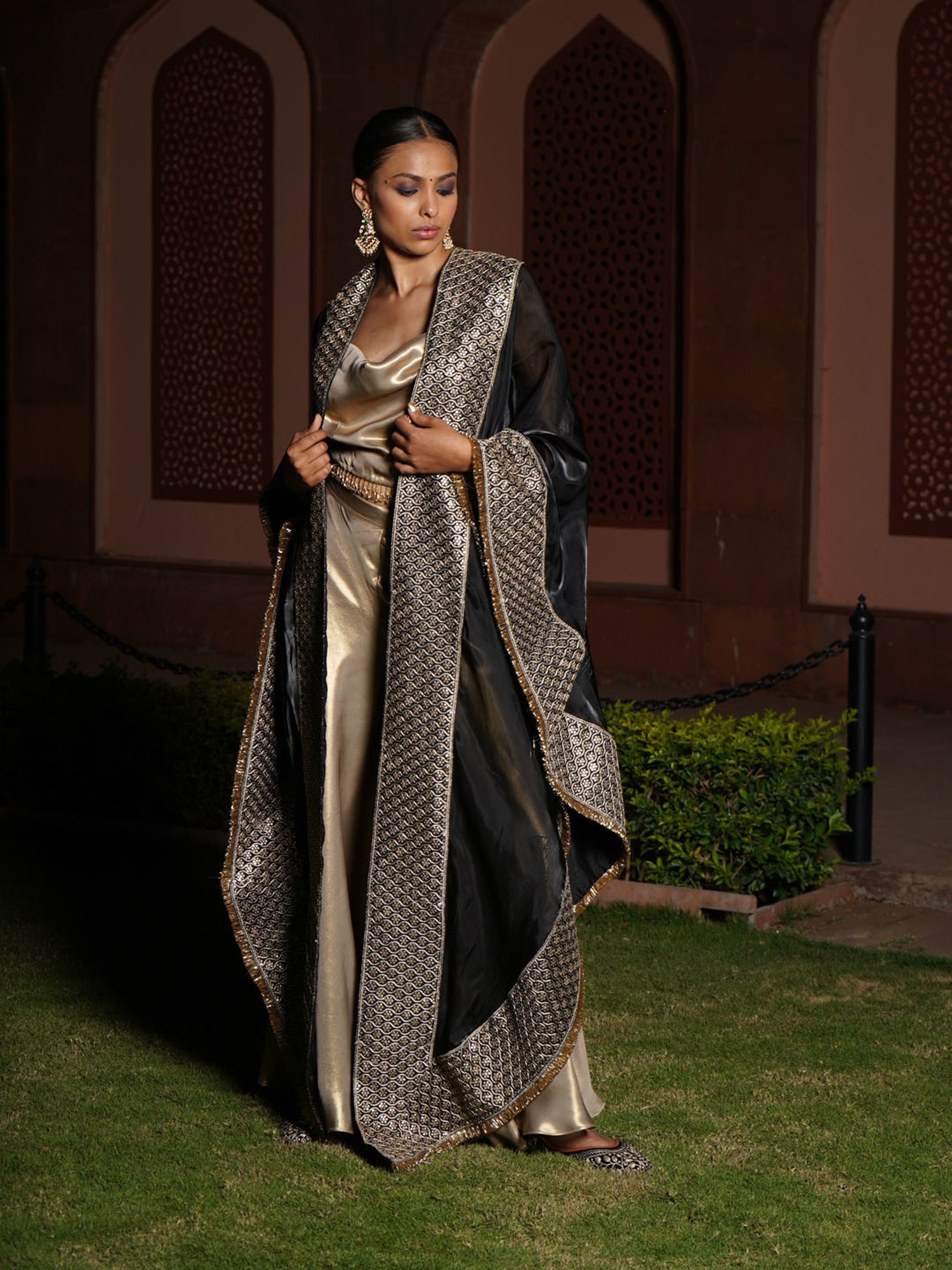 Monk and Mei Safa Satin Blouse and Sharara with Cape
