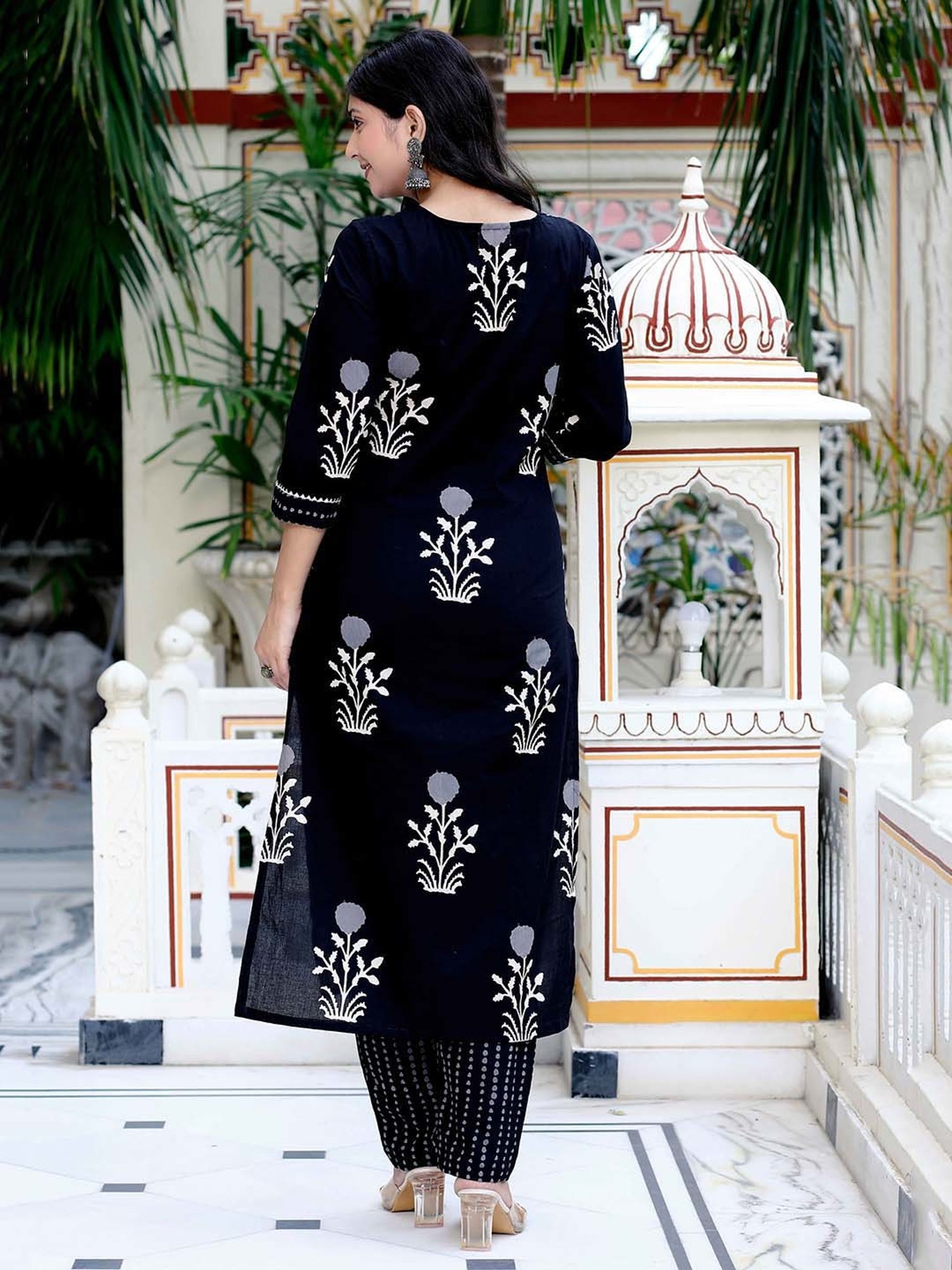 Miravan Black Floral Print Kurta With Palazzo & Dupatta