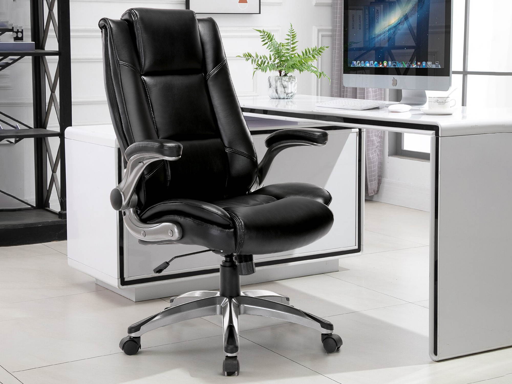 High Back Bonded Leather Ergonomic Office Chair Executive Swivel Computer Desk Chair - Flip Up Arms and Adjustable Tilt Angle Swivel Chair with Thick Padded Armrest and Headrest for Home&Office