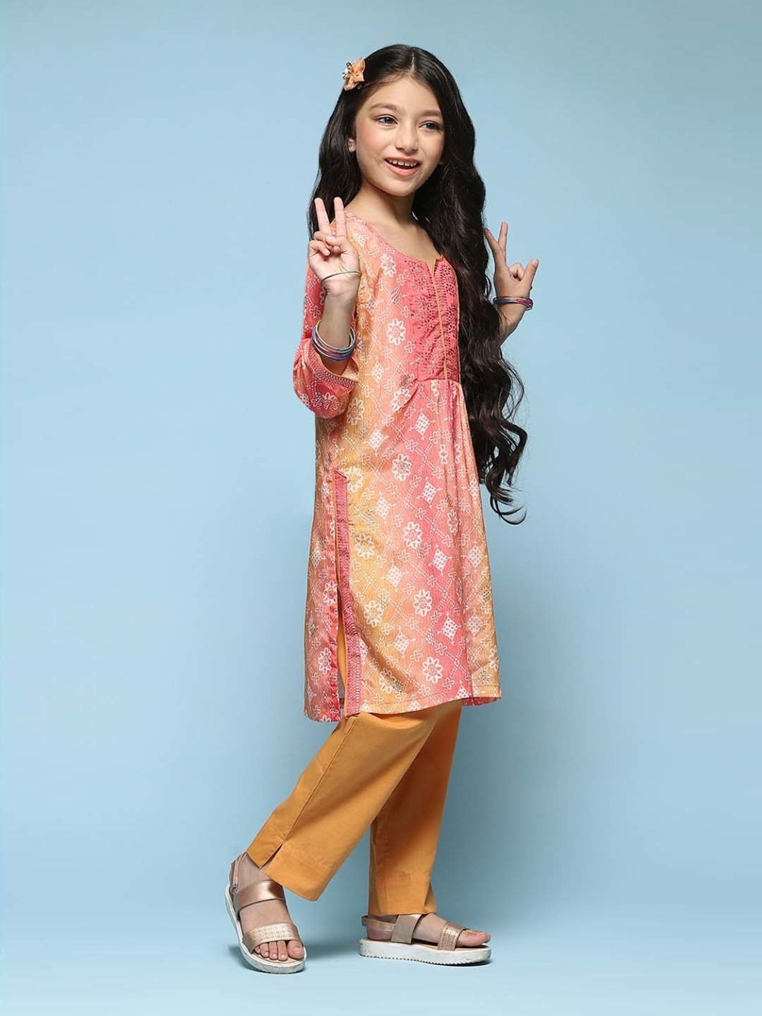 BIBA Girls Kids Pink & Mustard Printed Kurta Set