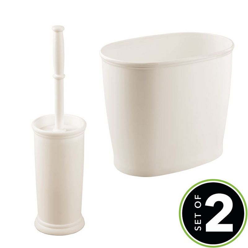 mDesign 2 Piece Plastic Bathroom Trash Can, Toilet Bowl Brush Set - Cream