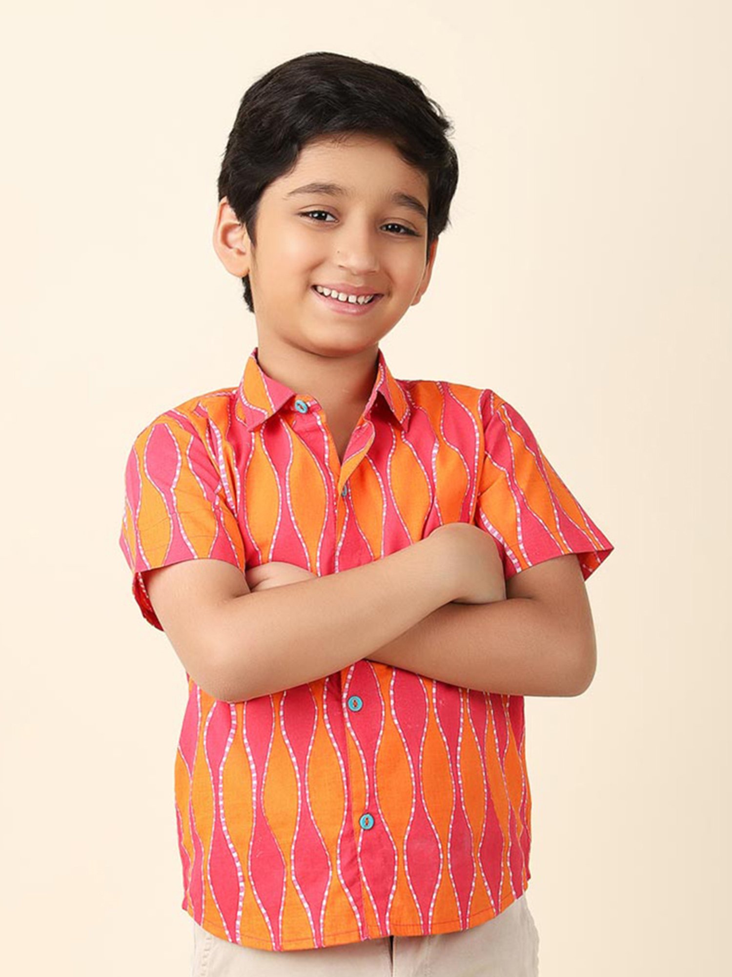Fabindia Kids Pink & Orange Printed Shirt