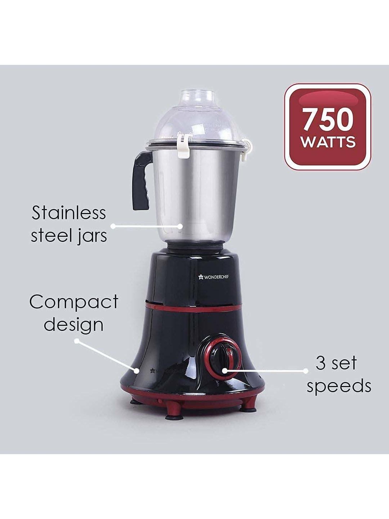 Wonderchef Glory 750W  Mixer Grinder with 4 Stainless Steel Jars & 5 Years Warranty (Black & Red)