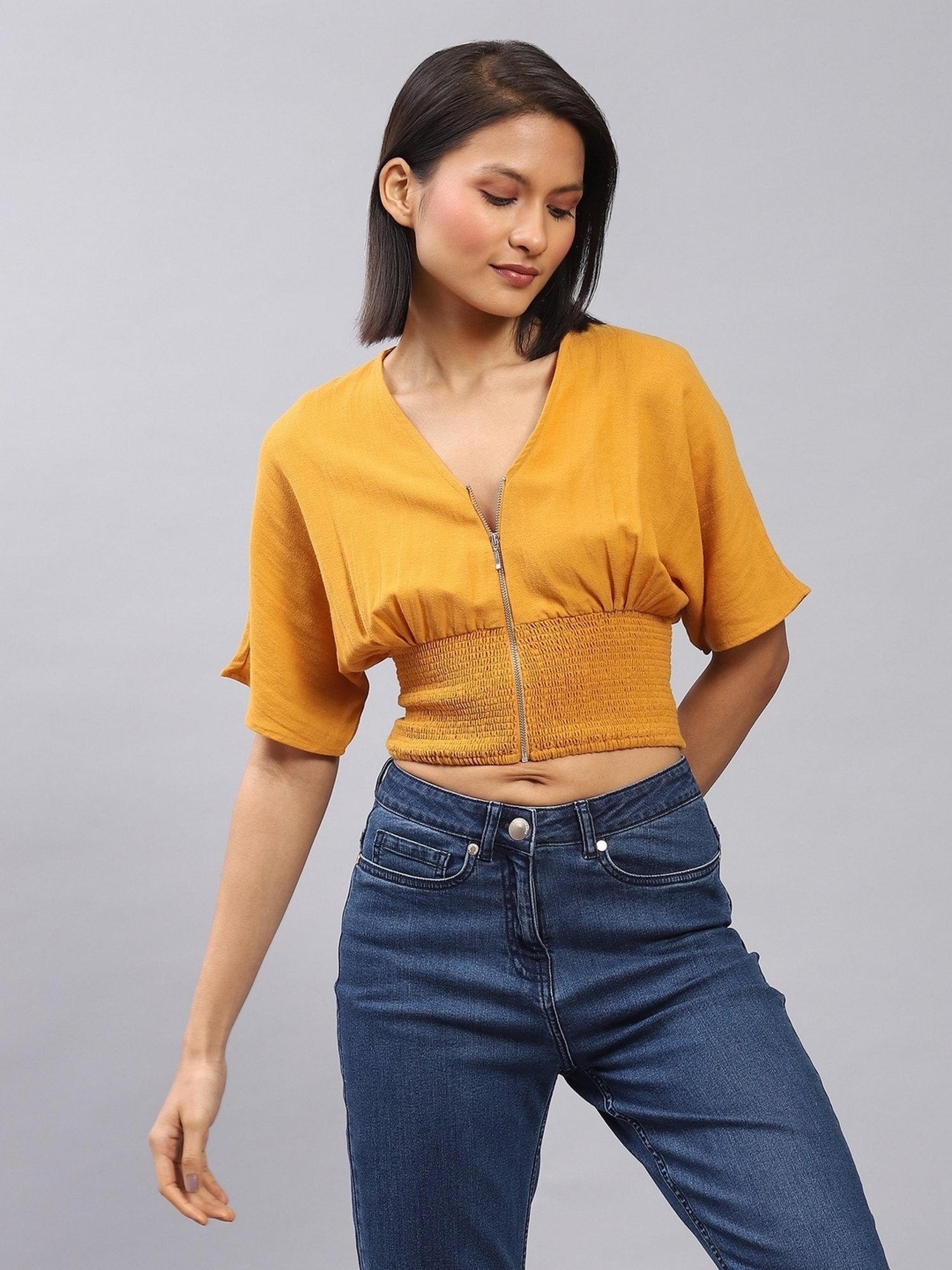 Label Ritu Kumar Green Cotton Blend Solid Cropped Zipper Top