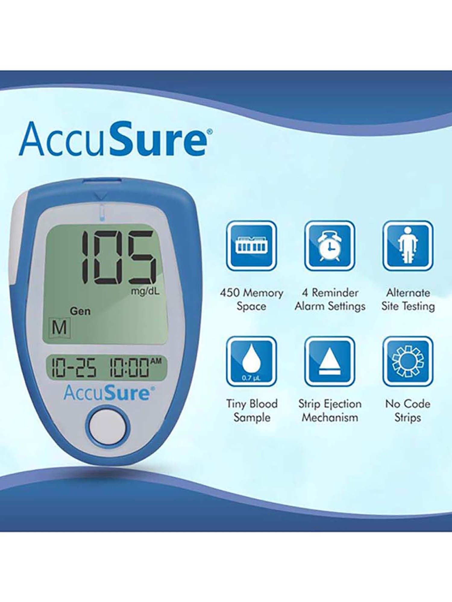 AccuSure Blood Glucometer, Lancing Device with Pack of 50 strips (White)