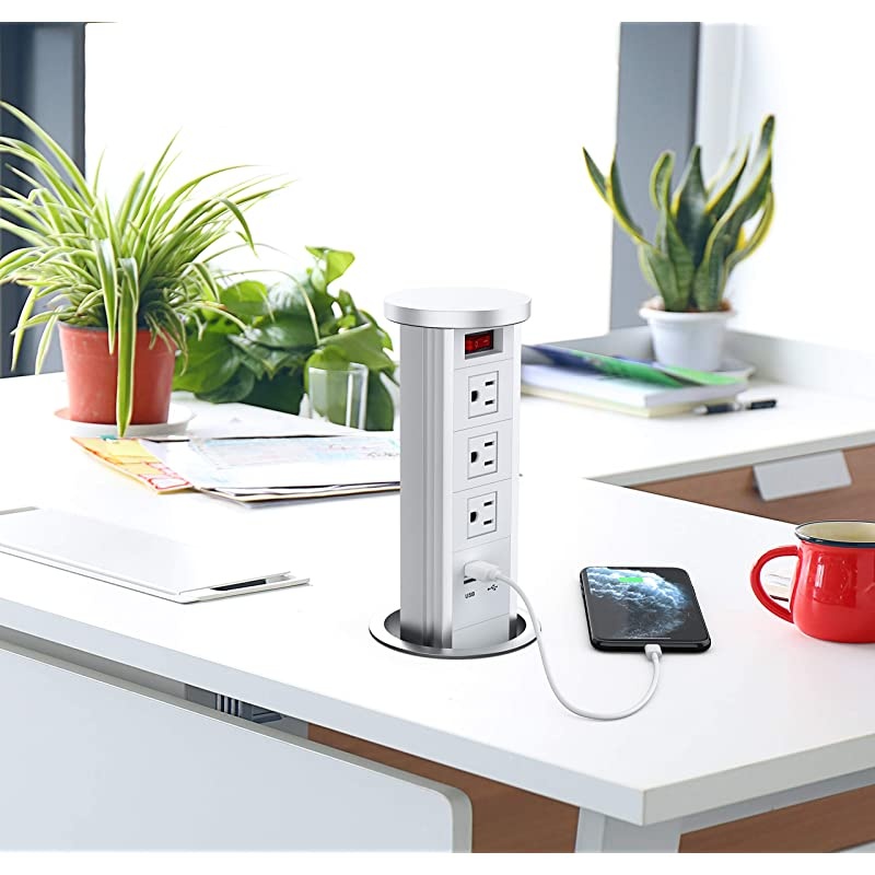 Raising Type Surge Protector Pop up Outlet Retractable Hidden Recessed Power Strip Power Socket with 2 USB Charging Stations and 3 AC Plug for Kitchen IslandCounter top Conference Table