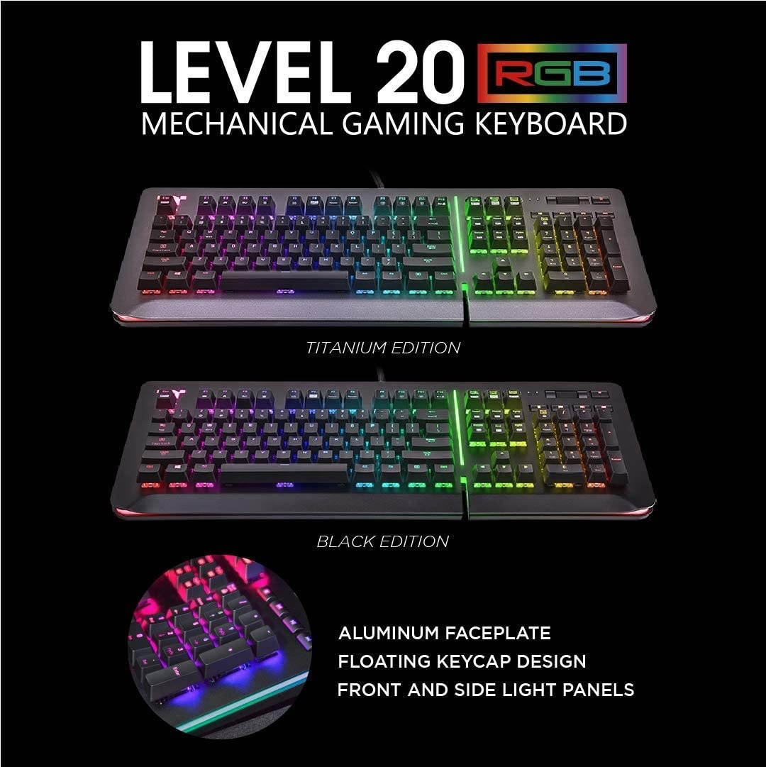 Thermaltake Level 20 RGB Titanium Aluminum Gaming Keyboard Cherry MX Silver Switches, 16.8M Color RGB, 32 color zone options, support Alexa Voice Control, Razer Chroma Sync compatible KB-LVT-SSSRUS-01