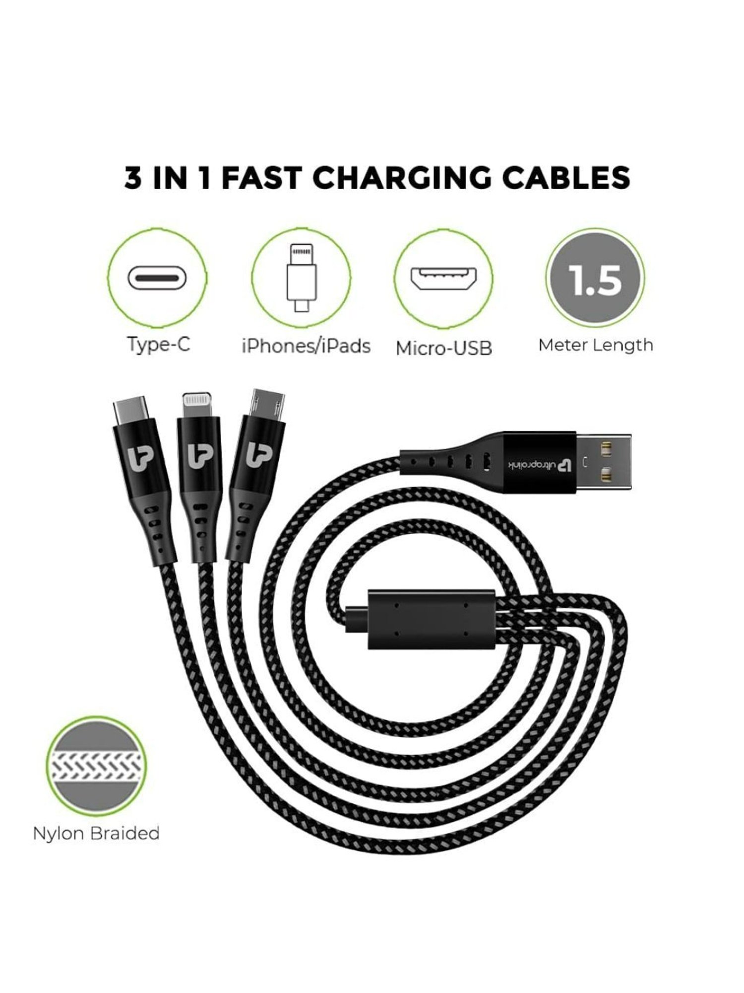 Ultraprolink UM1109 Zip Kit, 15W Higher Power Car Charger with 3 in 1 Charging Cable (Black)