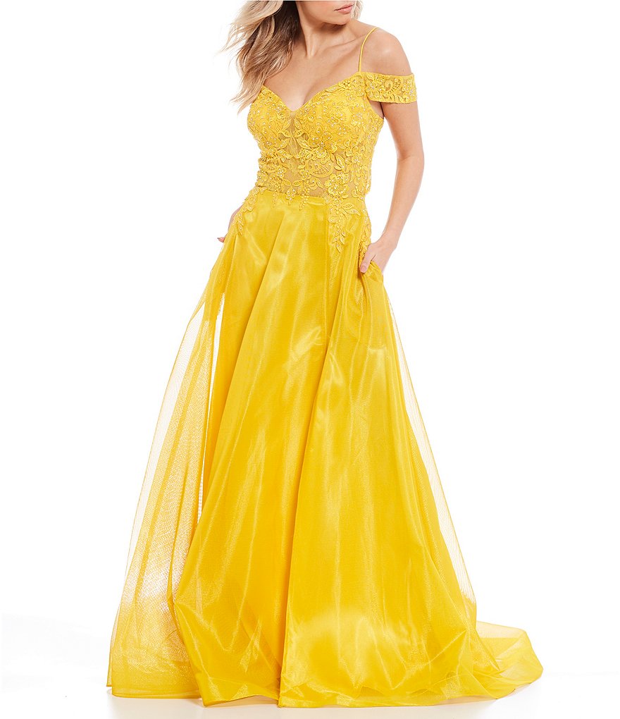 Coya Collection Off-The-Shoulder Lace-Up Back Embroidered Bodice Shimmer Ball Gown