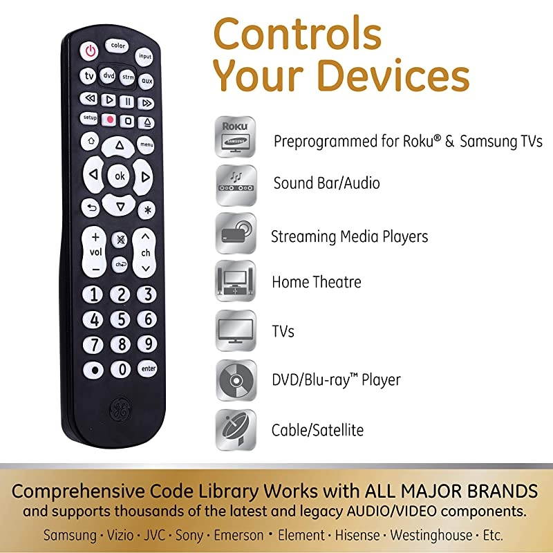 Color Select Backlit Universal Remote Control for Samsung, Vizio, LG, Sony, Sharp, Roku, Apple TV, RCA, Panasonic, Smart TV, Streaming Players, Blu-Ray, DVD, 4-Device, Black, 44220