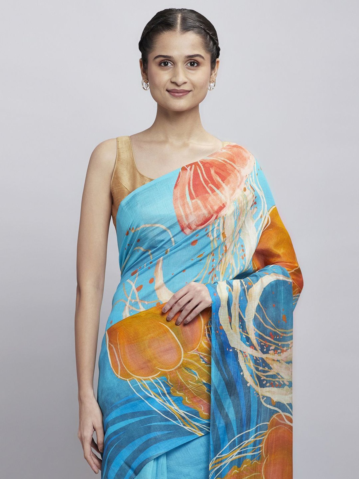 Navyasa Powder Blue liva Organza Abstract Printed Saree With Coordinated Unstitched Blouse Piece