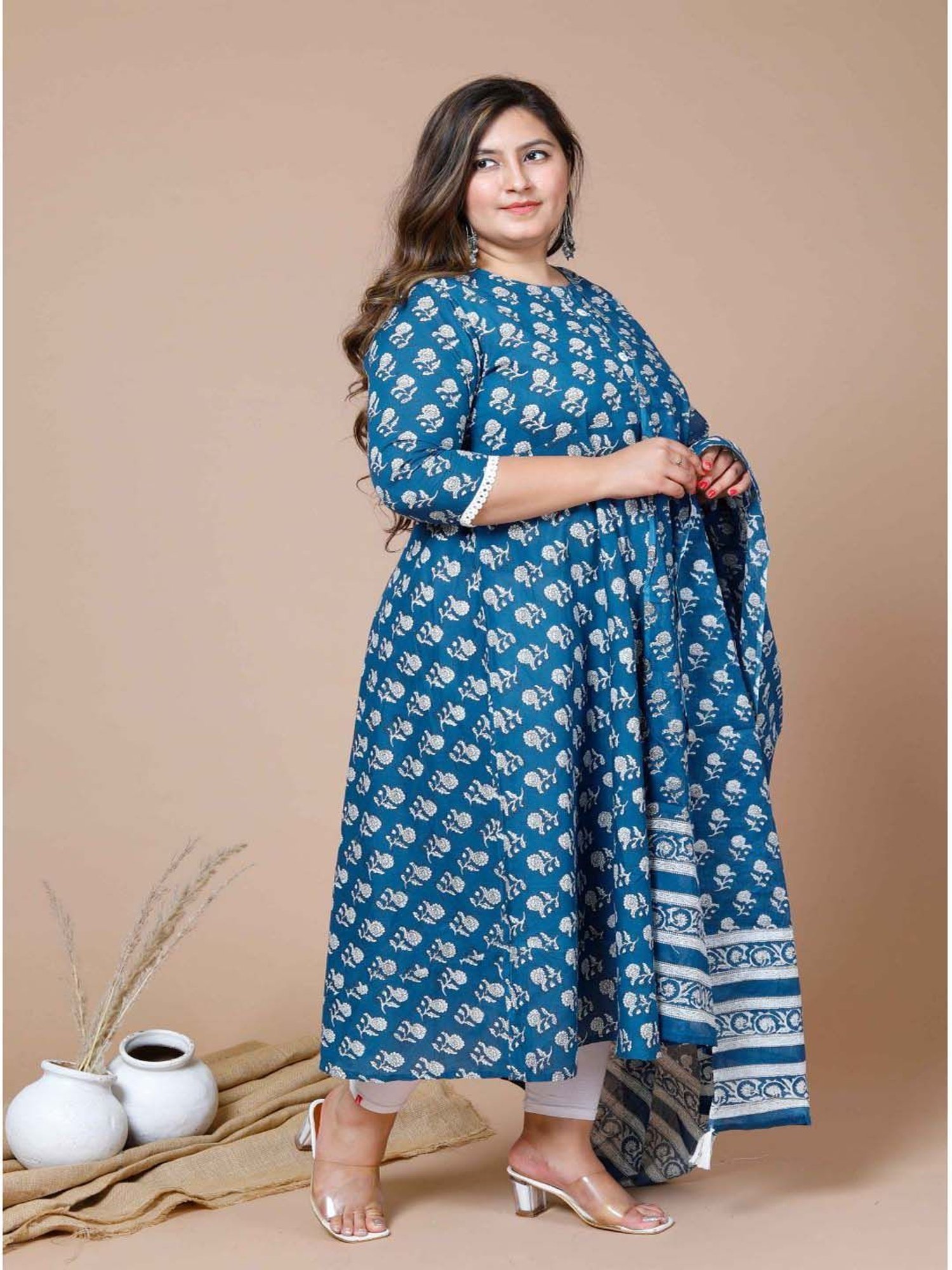 Miravan Blue & White Cotton Printed Kurta With Dupatta