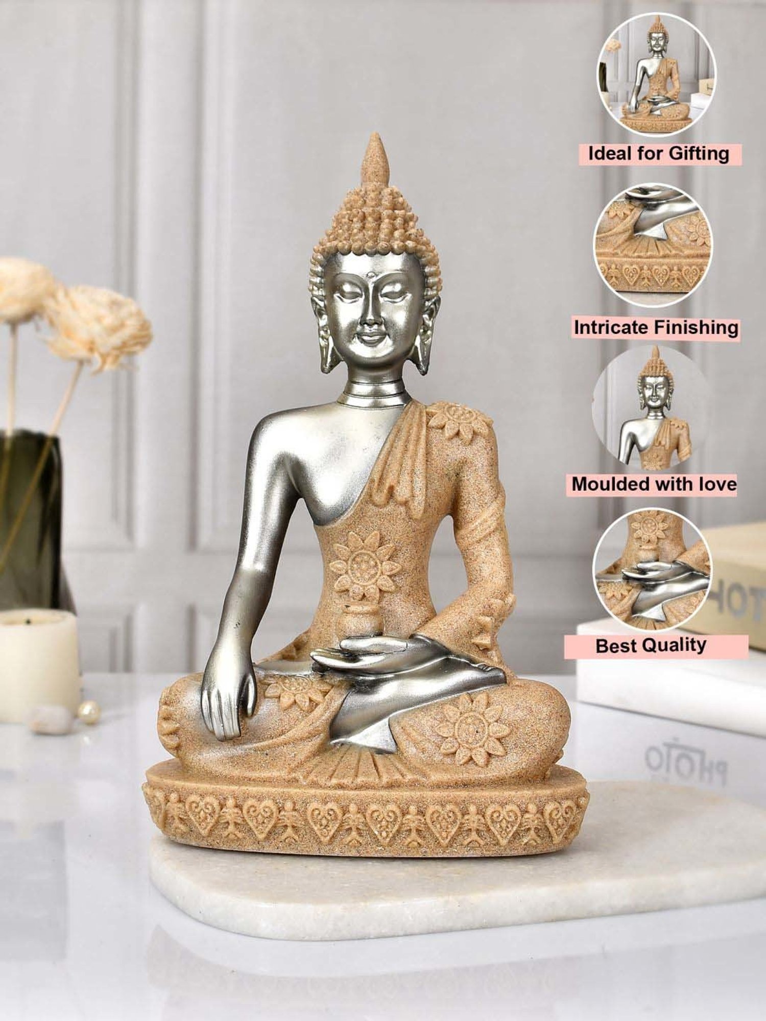 Tayhaa Silver Resin Meditative Serenity Buddha Idol