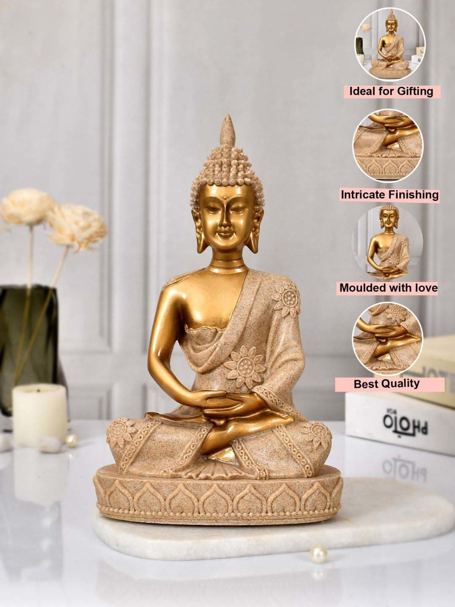 Tayhaa Golden Resin Eternal Wisdom Tranquility Buddha Idol
