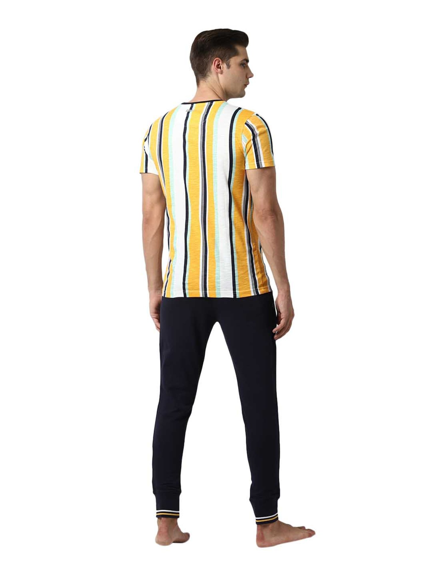 Peter England Yellow Regular Fit Striped T-Shirt & Joggers Set