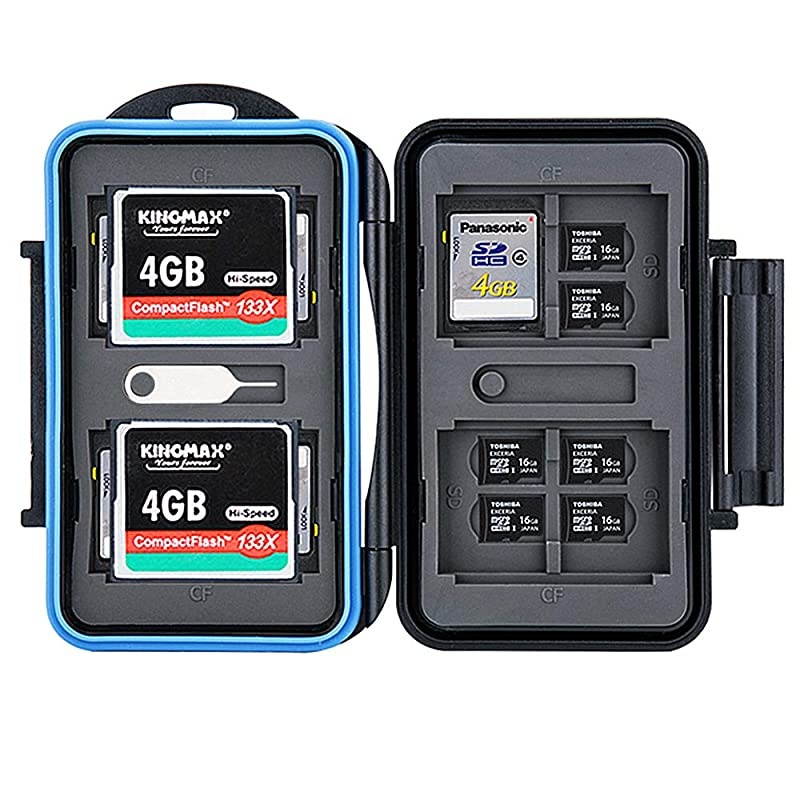 Slots WaterResistant Memory Card Case SD MSD Card Holder Storage Keeper for 4 CF + 8 SD SDHC SDXC + 16 TF MSD Micro SD Cards with Carabiner + Card Tray Removal Eject Pin Key Blue Seal Ring