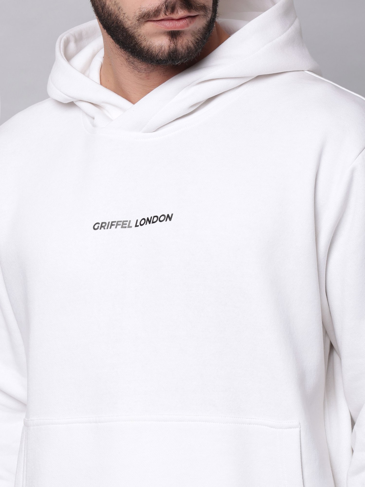 GRIFFEL White Regular Fit Logo Print Hooded Sweatshirt & Trackpants Set
