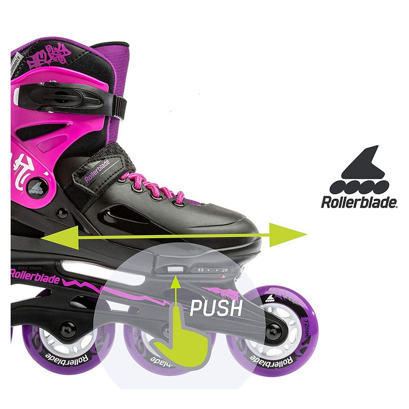 Rollerblade Fury G Inline Adjustable Secure Cuff Buckle and Power Strap Outdoor Roller Skates for Kids, Size 12 thru 1, Black and Pink