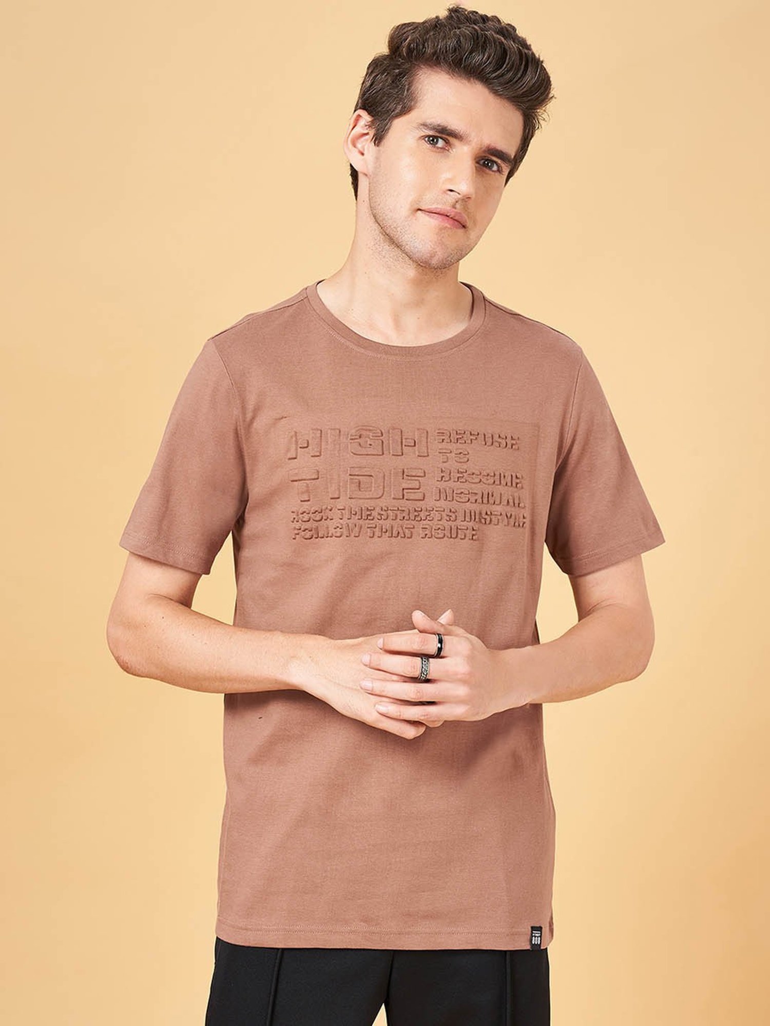 Street 808 by Pantaloons Light Brown Cotton Regular Fit Printed T-Shirt