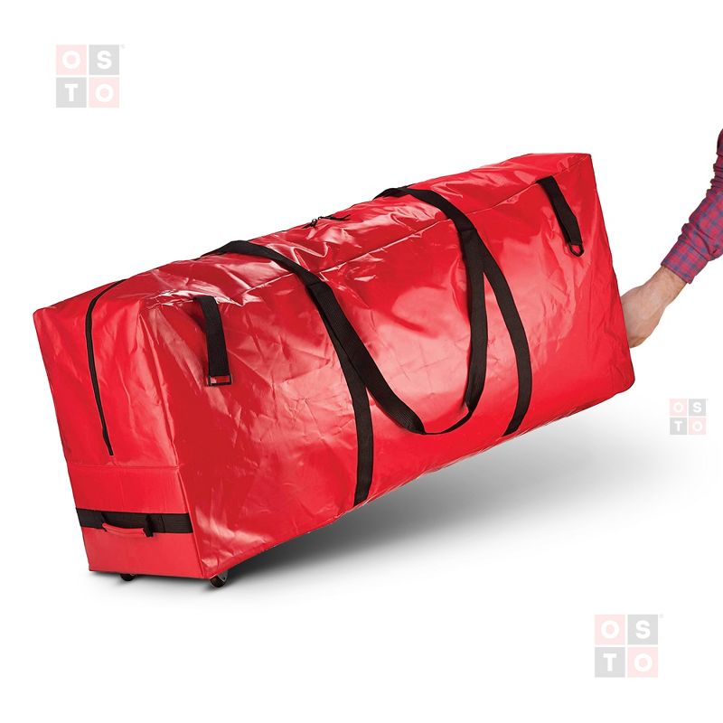 OSTO Heavy Duty PVC Artificial Christmas Tree Storage Bag with Wheels for Disassembled Trees up to 7.5 Feet 48x15x20 Inch Red