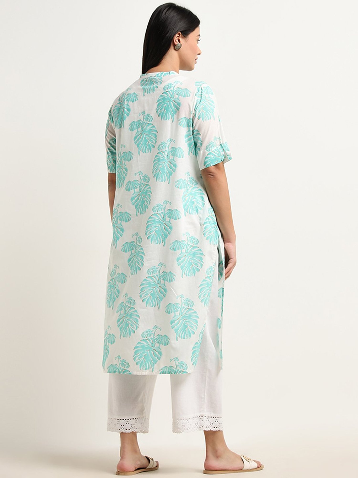 Diza by Westside Turquoise Leaf Printed Straight Cotton Kurta